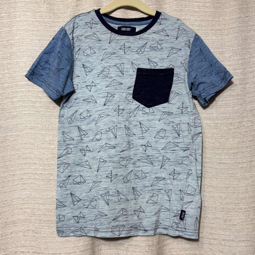Univibe Kids Short Sleeve T-Shirt, Navy Blue and Grey Geometric, Size Small / S